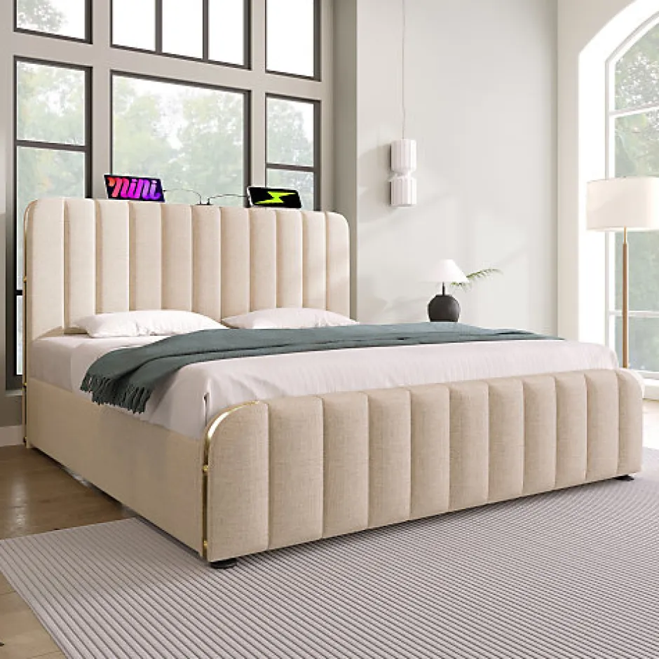 ModernLuxe Lit coffre 140x200cm en tissu lin - avec recharge USB+Type-C - décoré de bandes dorées - Beige