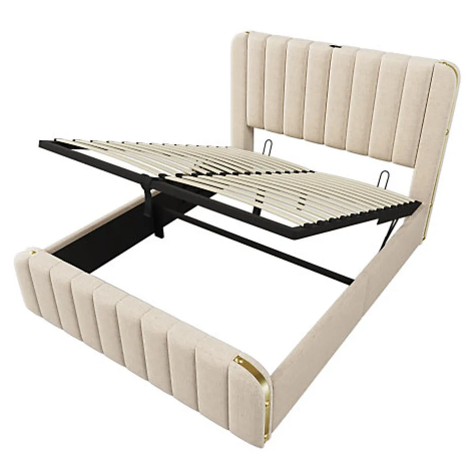 ModernLuxe Lit coffre 140x200cm en tissu lin - avec recharge USB+Type-C - décoré de bandes dorées - Beige