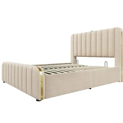 ModernLuxe Lit coffre 140x200cm en tissu lin - avec recharge USB+Type-C - décoré de bandes dorées - Beige