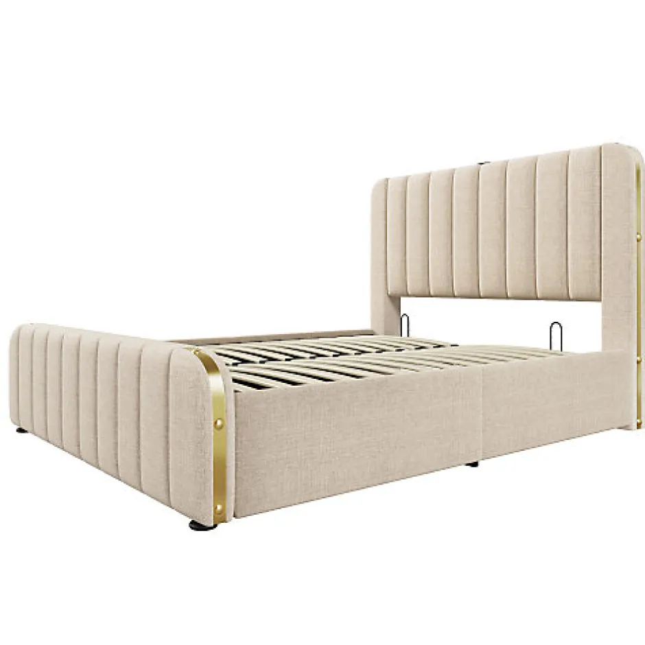 ModernLuxe Lit coffre 140x200cm en tissu lin - avec recharge USB+Type-C - décoré de bandes dorées - Beige