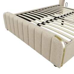 ModernLuxe Lit coffre 140x200cm en tissu lin - avec recharge USB+Type-C - décoré de bandes dorées - Beige