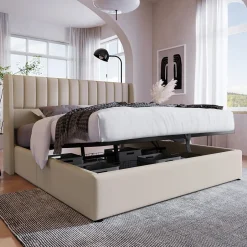 Generique Lit coffre 160x200cm en tissu lin - avec tête de lit et sommier à lattes - Beige