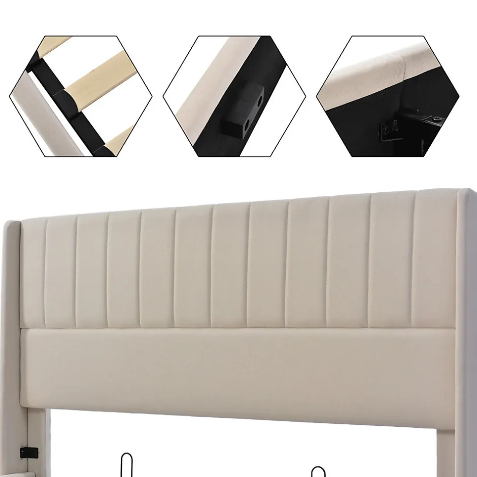 Generique Lit coffre 160x200cm en tissu lin - avec tête de lit et sommier à lattes - Beige