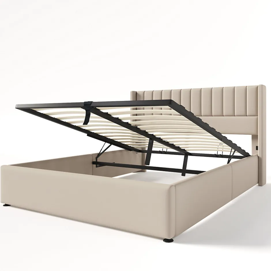 Generique Lit coffre 160x200cm en tissu lin - avec tête de lit et sommier à lattes - Beige