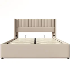 Generique Lit coffre 160x200cm en tissu lin - avec tête de lit et sommier à lattes - Beige