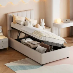 ProximaX Lit coffre 90x200cm, lit capitonné d'enfant en lin, avec sommier à lattes et tête de lit, beige