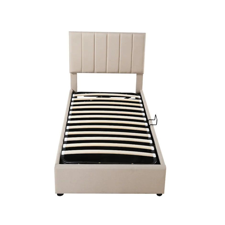 ProximaX Lit coffre 90x200cm, lit capitonné d'enfant en lin, avec sommier à lattes et tête de lit, beige