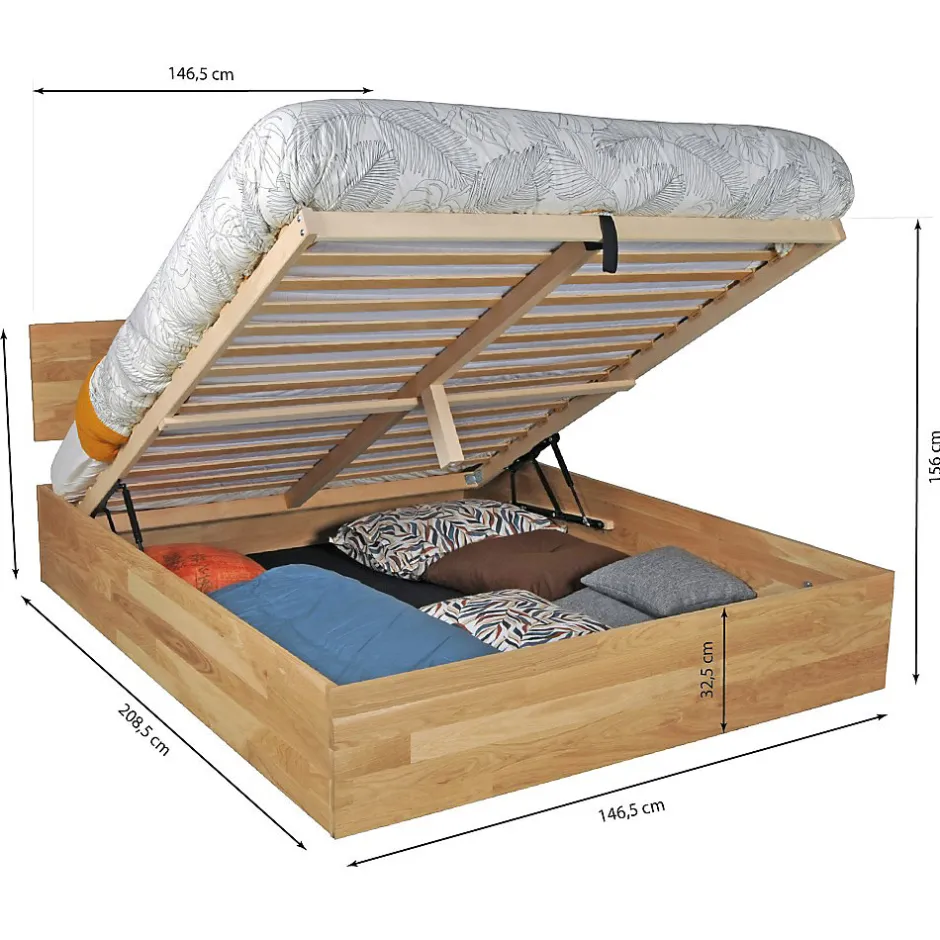 Weber Industries Lit coffre 140x200cm MILO avec tête de lit + sommier/ Chêne massif huilé