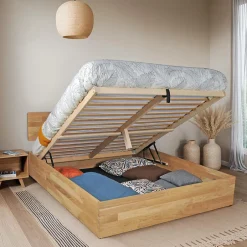 Weber Industries Lit coffre 140x200cm MILO avec tête de lit + sommier/ Chêne massif huilé