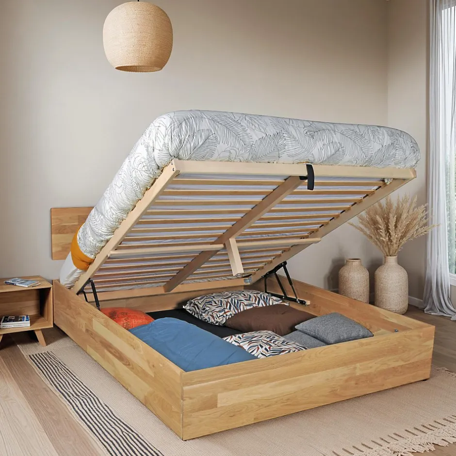 Weber Industries Lit coffre 140x200cm MILO avec tête de lit + sommier/ Chêne massif huilé