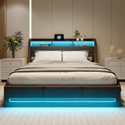 Generique Lit coffre 140x200cm rembourré en tissu lin - avec LED et Ports de charge - avec sommier à lattes - Gris New