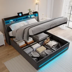 Generique Lit coffre 140x200cm rembourré en tissu lin - avec LED et Ports de charge - avec sommier à lattes - Gris New