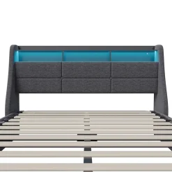 Generique Lit coffre 140x200cm rembourré en tissu lin - avec LED et Ports de charge - avec sommier à lattes - Gris New