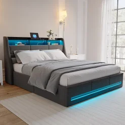 Generique Lit coffre 140x200cm rembourré en tissu lin - avec LED et Ports de charge - avec sommier à lattes - Gris New
