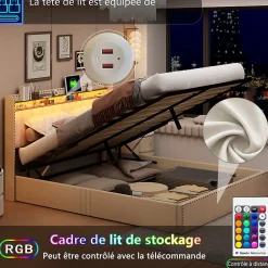 Simple Life Lit Coffre 140x200cm,avec Éclairage LED Et Port USB, Avec Tête De Lit Coffre,structure Stable, Beige Best