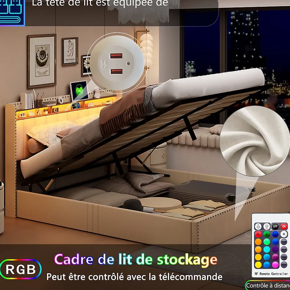 Simple Life Lit Coffre 140x200cm,avec Éclairage LED Et Port USB, Avec Tête De Lit Coffre,structure Stable, Beige Best