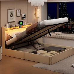 Simple Life Lit Coffre 140x200cm,avec Éclairage LED Et Port USB, Avec Tête De Lit Coffre,structure Stable, Beige Best