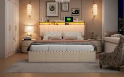 Simple Life Lit Coffre 140x200cm,avec Éclairage LED Et Port USB, Avec Tête De Lit Coffre,structure Stable, Beige Best