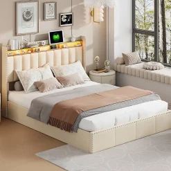 Simple Life Lit Coffre 140x200cm,avec Éclairage LED Et Port USB, Avec Tête De Lit Coffre,structure Stable, Beige Best