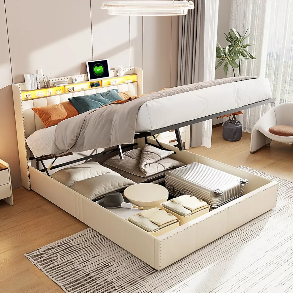 Simple Life Lit Coffre 140x200cm,avec Éclairage LED Et Port USB, Avec Tête De Lit Coffre,structure Stable, Beige Best