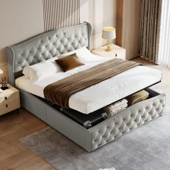 ProximaX lit coffre 160x200,lit capitonné avec sommier à lattes,tête de lit ondulée,design rivet,velours,gris