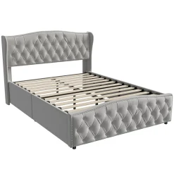 ProximaX lit coffre 160x200,lit capitonné avec sommier à lattes,tête de lit ondulée,design rivet,velours,gris