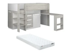 Enfant Vente-unique Lit combiné 90 x 200 cm - Avec bureau et rangements - Blanc et naturel + Matelas - LOUKALA