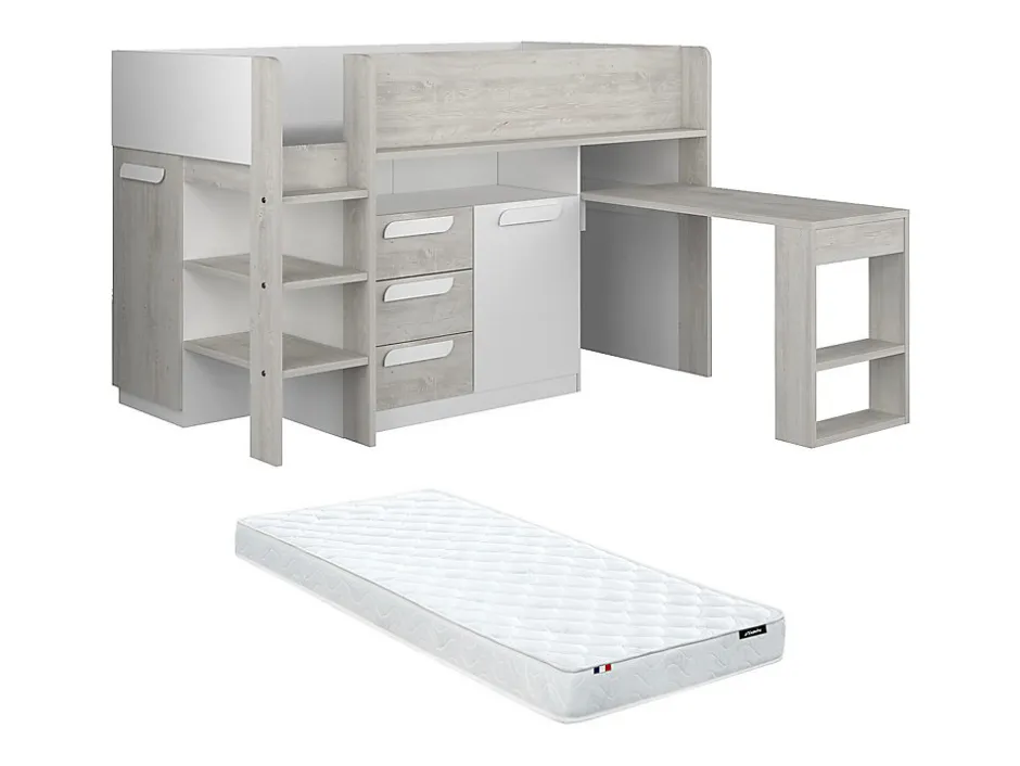 Enfant Vente-unique Lit combiné 90 x 200 cm - Avec bureau et rangements - Blanc et naturel + Matelas - LOUKALA