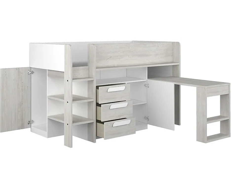 Enfant Vente-unique Lit combiné 90 x 200 cm - Avec bureau et rangements - Blanc et naturel + Matelas - LOUKALA