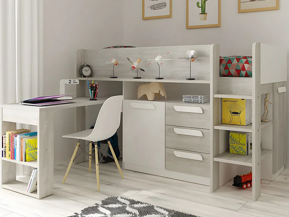 Enfant Vente-unique Lit combiné 90 x 200 cm - Avec bureau et rangements - Blanc et naturel + Matelas - LOUKALA