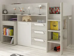 Enfant Vente-unique Lit combiné 90 x 200 cm - Avec bureau et rangements - Blanc et naturel + Matelas - LOUKALA
