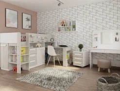 Enfant Vente-unique Lit combiné 90 x 200 cm - Avec bureau et rangements - Blanc et naturel + Matelas - LOUKALA