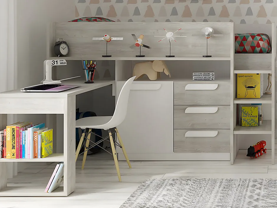 Vente-unique Lit combiné 90 x 200 cm - Avec bureau et rangements - Blanc et naturel - LOUKALA Best