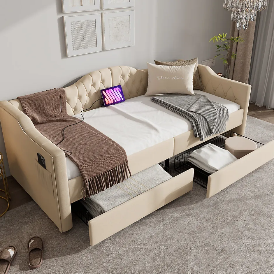 Enfant Okwish Lit combiné 90 x 200 cm - Lit avec 2 tiroirs et ports USB - Velours Beige - Sans Matelas