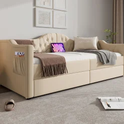 Enfant Okwish Lit combiné 90 x 200 cm - Lit avec 2 tiroirs et ports USB - Velours Beige - Sans Matelas