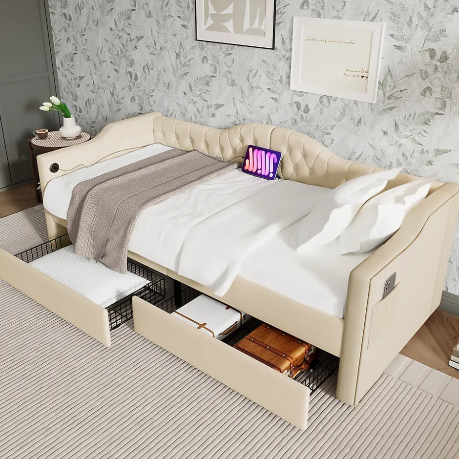 Enfant Okwish Lit combiné 90 x 200 cm - Lit avec 2 tiroirs et ports USB - Velours Beige - Sans Matelas