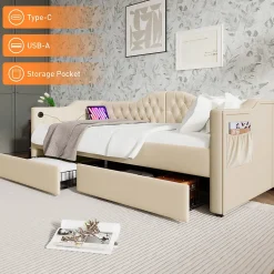 Enfant Okwish Lit combiné 90 x 200 cm - Lit avec 2 tiroirs et ports USB - Velours Beige - Sans Matelas