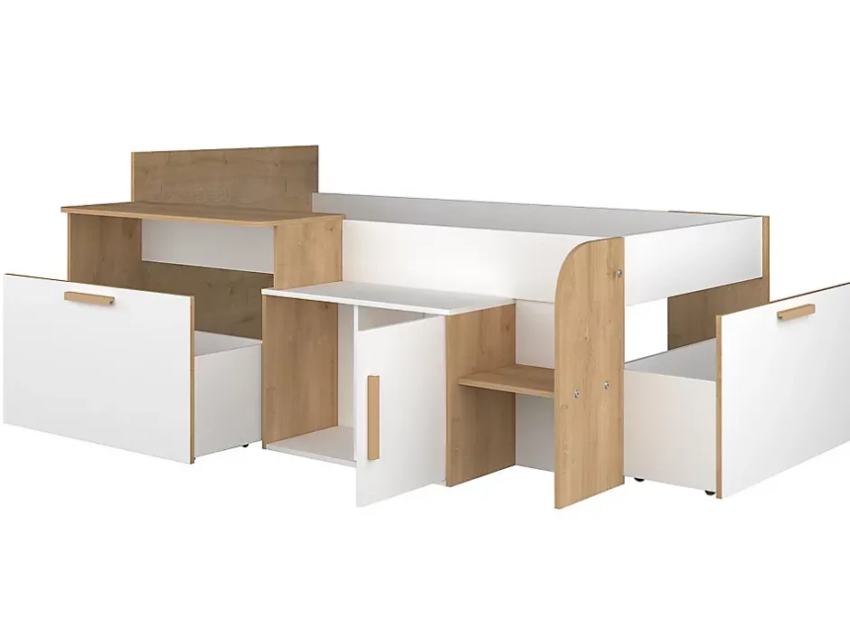 Vente-unique Lit combiné 90 x 200 cm avec bureau et rangements - Coloris : Blanc et naturel + Sommier + Matelas - PEDRO Discount