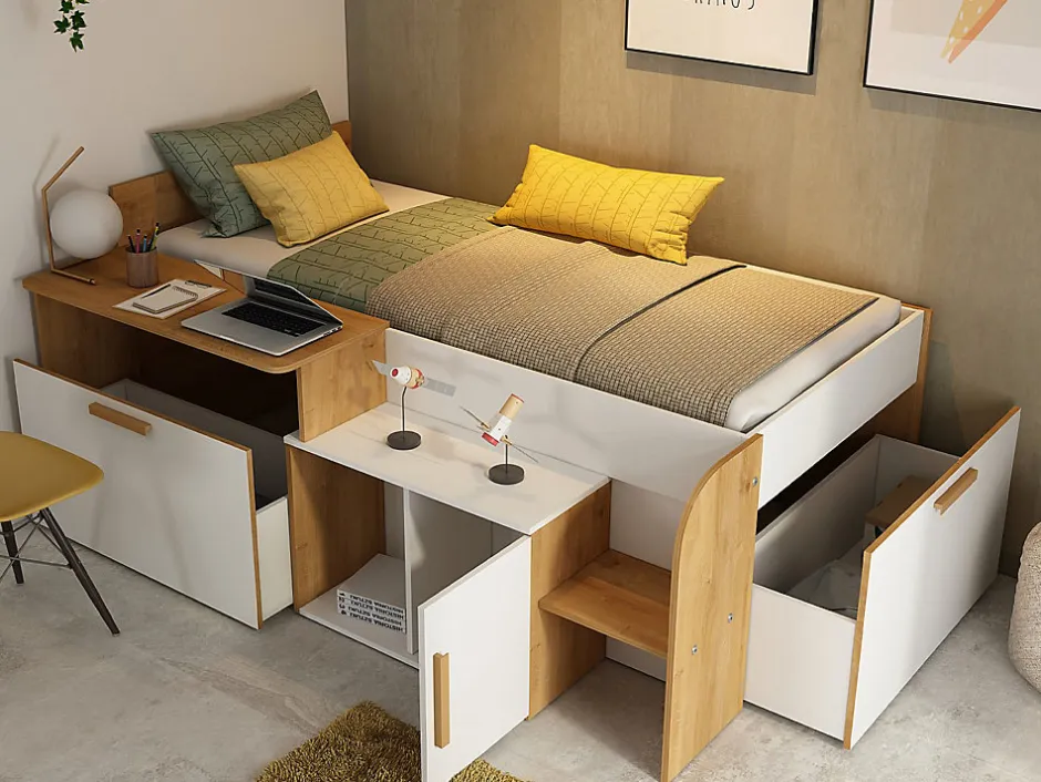 Vente-unique Lit combiné 90 x 200 cm avec bureau et rangements - Coloris : Blanc et naturel + Sommier + Matelas - PEDRO Discount