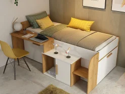 Vente-unique Lit combiné 90 x 200 cm avec bureau et rangements - Coloris : Blanc et naturel + Sommier + Matelas - PEDRO Discount