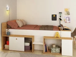 Vente-unique Lit combiné 90 x 200 cm avec bureau et rangements - Blanc et naturel + Sommier + Matelas - PALOMA Discount