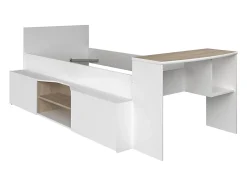 Vente-unique Lit combiné 90 x 190/200 cm avec bureau et rangements - Blanc et naturel + Sommier + Matelas - JOCHIANE