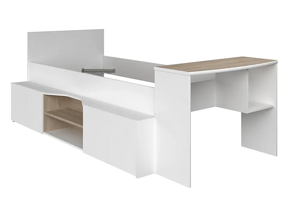 Vente-unique Lit combiné 90 x 190/200 cm avec bureau et rangements - Blanc et naturel + Sommier + Matelas - JOCHIANE