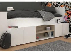 Vente-unique Lit combiné 90 x 190/200 cm avec bureau et rangements - Blanc et naturel + Sommier + Matelas - JOCHIANE