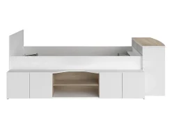Vente-unique Lit combiné 90 x 190/200 cm avec bureau et rangements - Blanc et naturel + Sommier + Matelas - JOCHIANE