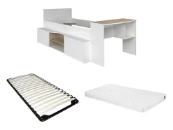 Vente-unique Lit combiné 90 x 190/200 cm avec bureau et rangements - Blanc et naturel + Sommier + Matelas - JOCHIANE