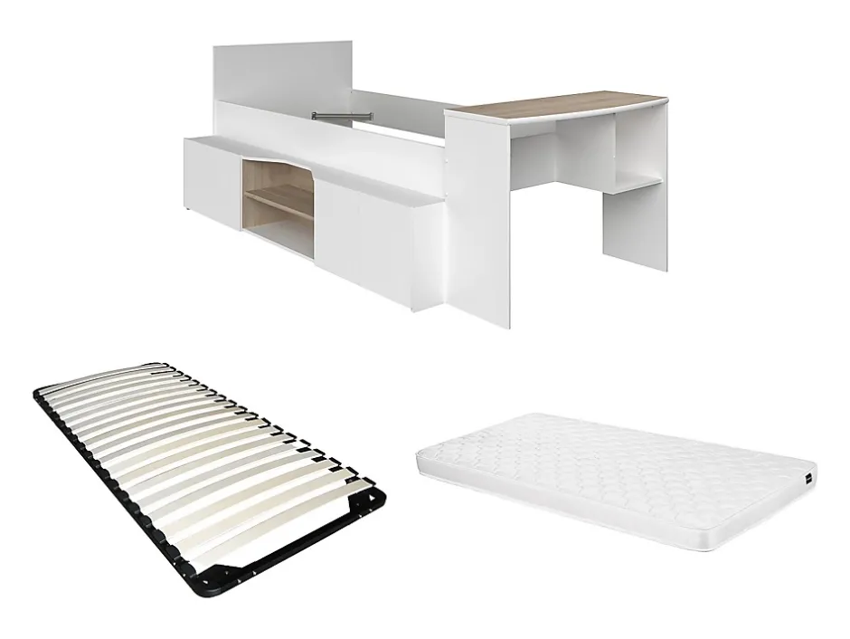 Vente-unique Lit combiné 90 x 190/200 cm avec bureau et rangements - Blanc et naturel + Sommier + Matelas - JOCHIANE