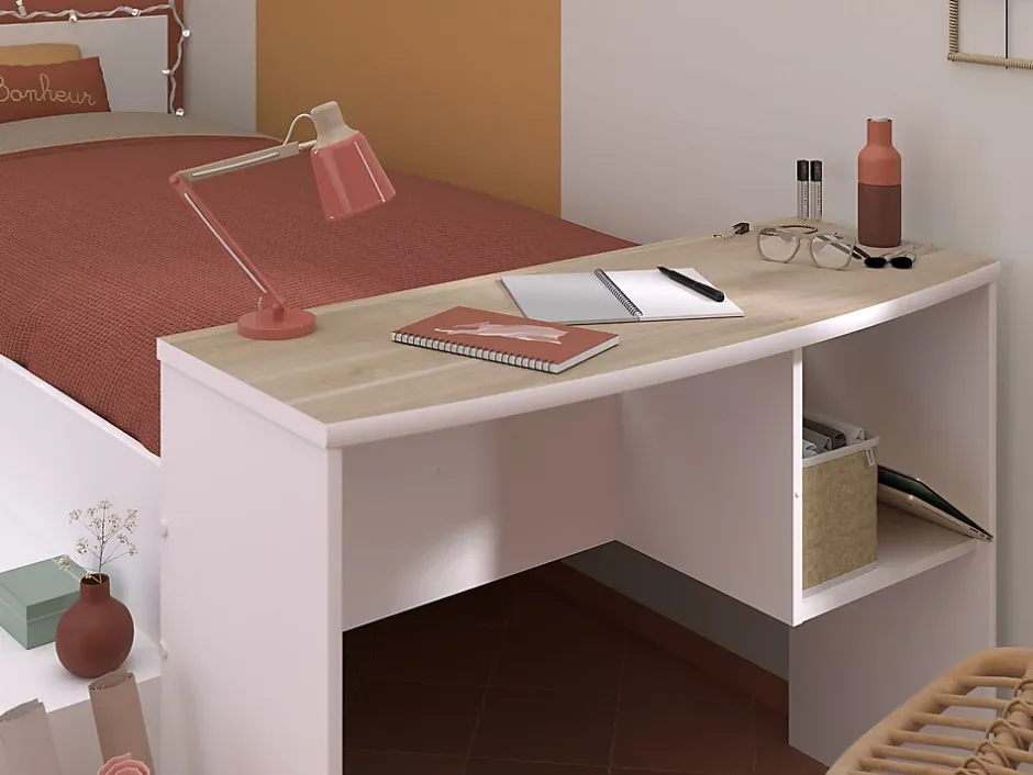 Vente-unique Lit combiné 90 x 190/200 cm avec bureau et rangements - Blanc et naturel + Sommier + Matelas - JOCHIANE