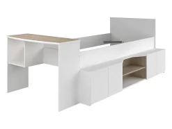 Vente-unique Lit combiné 90 x 190/200 cm avec bureau et rangements - Blanc et naturel + Sommier + Matelas - JOCHIANE