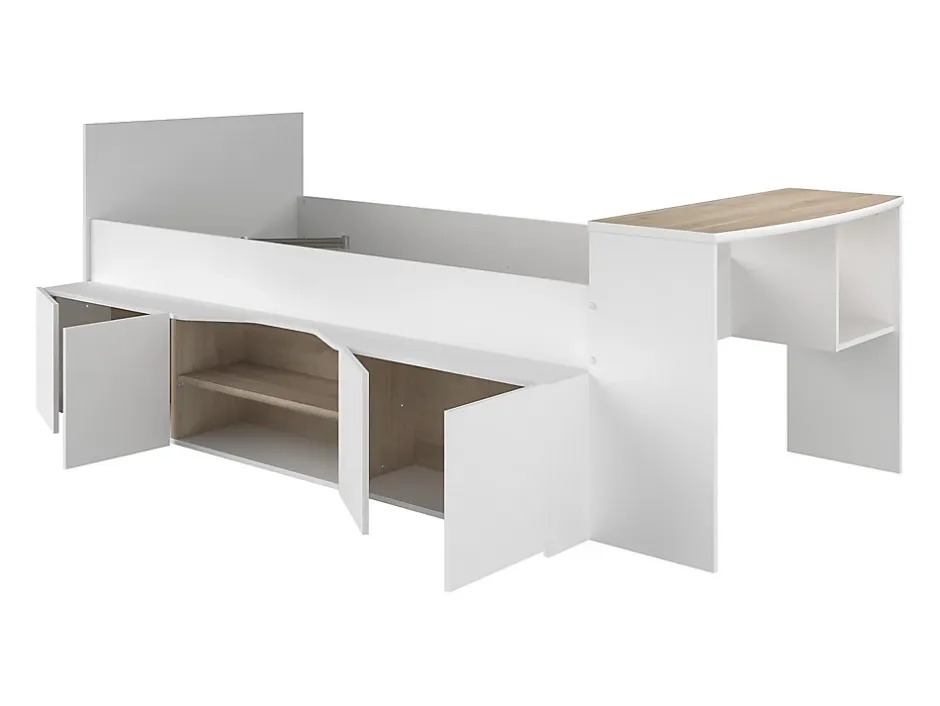 Vente-unique Lit combiné 90 x 190/200 cm avec bureau et rangements - Blanc et naturel + Sommier + Matelas - JOCHIANE